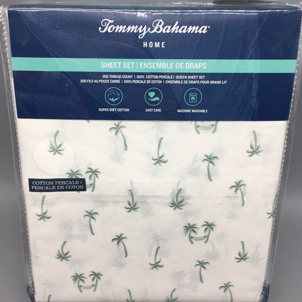 4pc Tommy Bahama Palm Trees Hammock QUEEN Sheet Set Tropical Island Hawaiian NEW